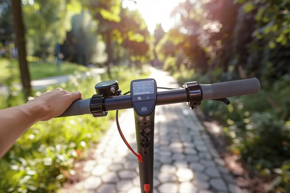 Main actionnant la gâchette d’une trottinette électrique surélevée dans un atelier