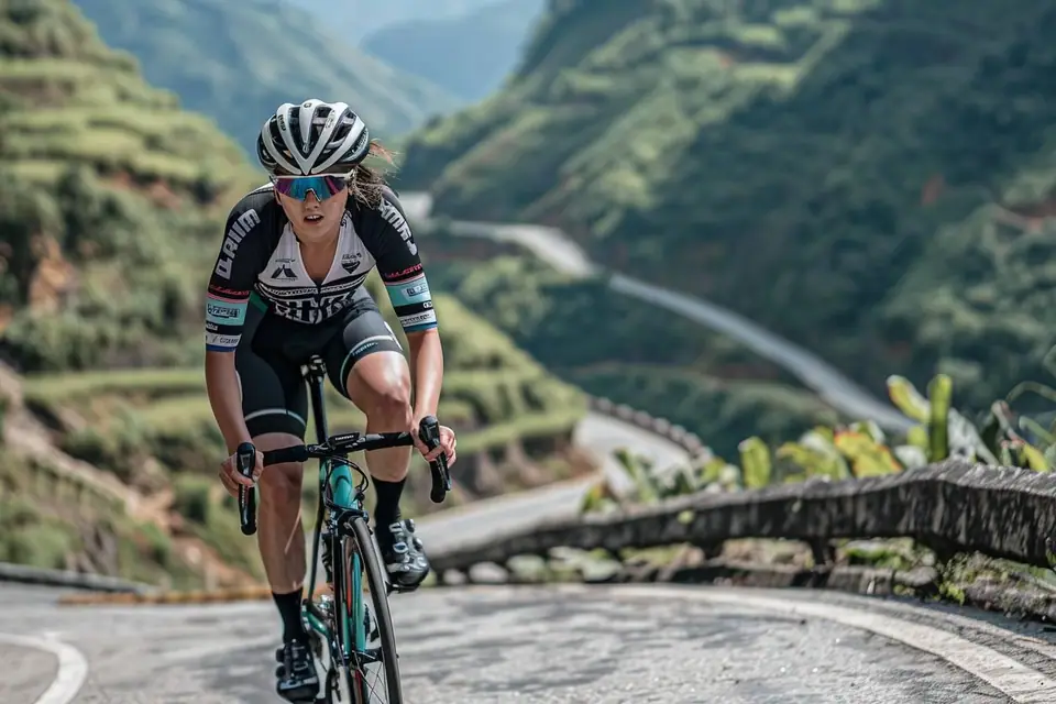 Cycliste adulte étirant doucement sa cuisse avant près d’un vélo de route