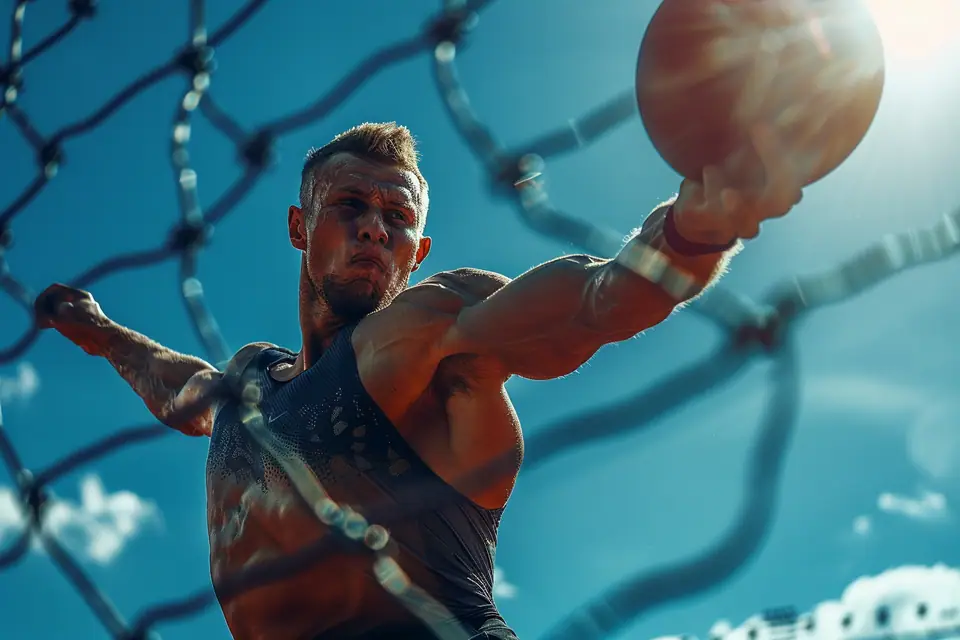 Athlète dans une cage de lancer, en rotation avec un marteau d’athlétisme