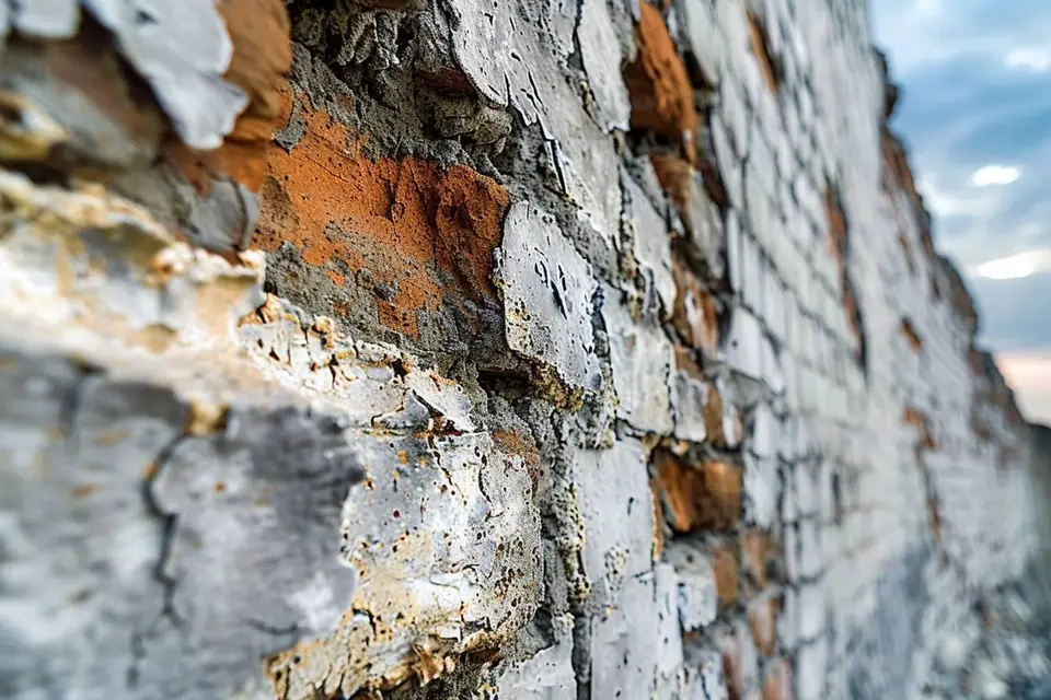 Dépôt blanc poudreux sur un mur intérieur en parpaings près du sol