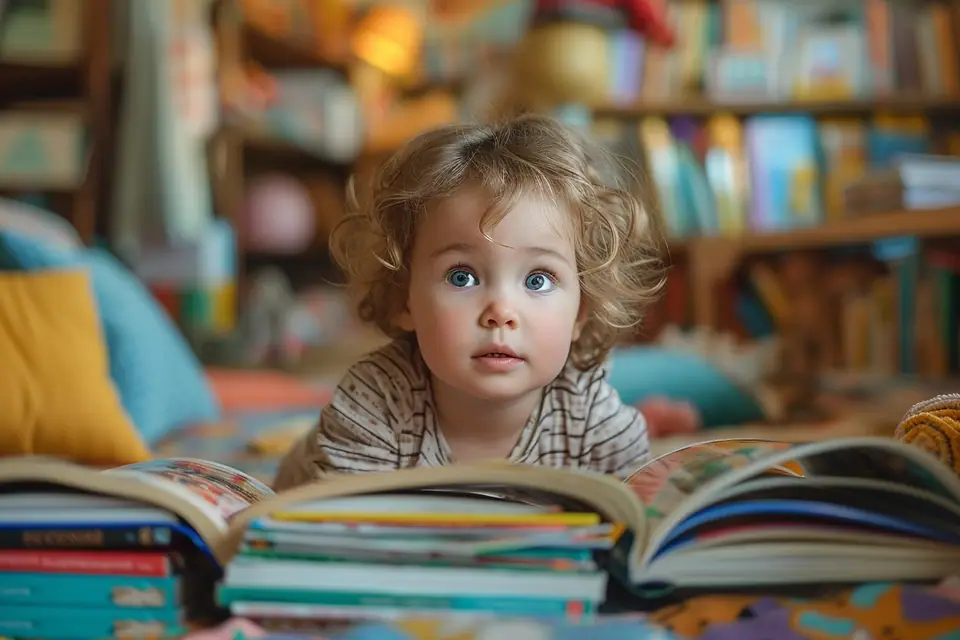 Un parent écoute un jeune enfant poser des questions devant des livres illustrés