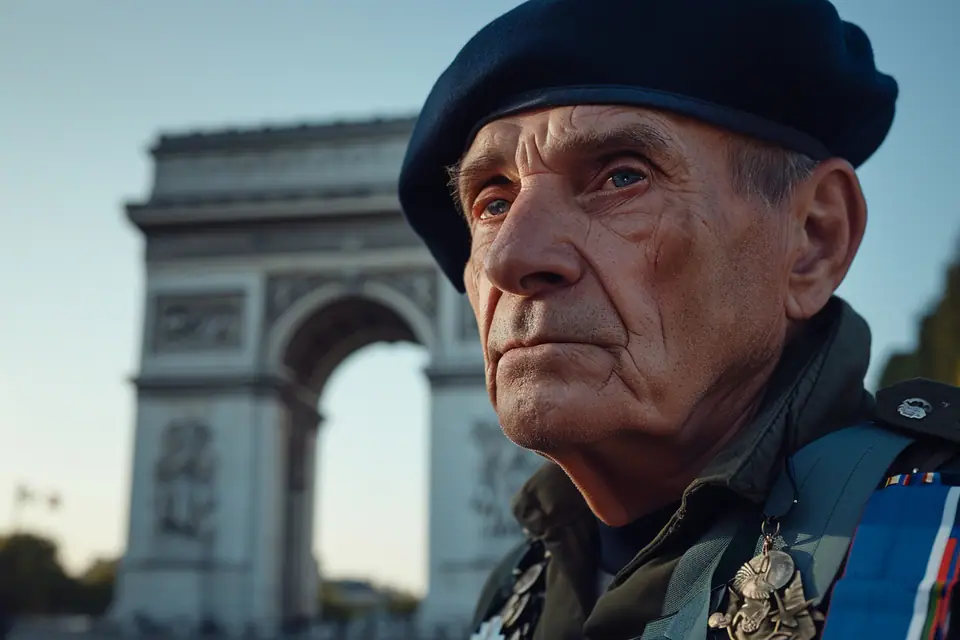 Drapeaux français devant un monument aux morts lors d’une cérémonie commémorative du 8 mai