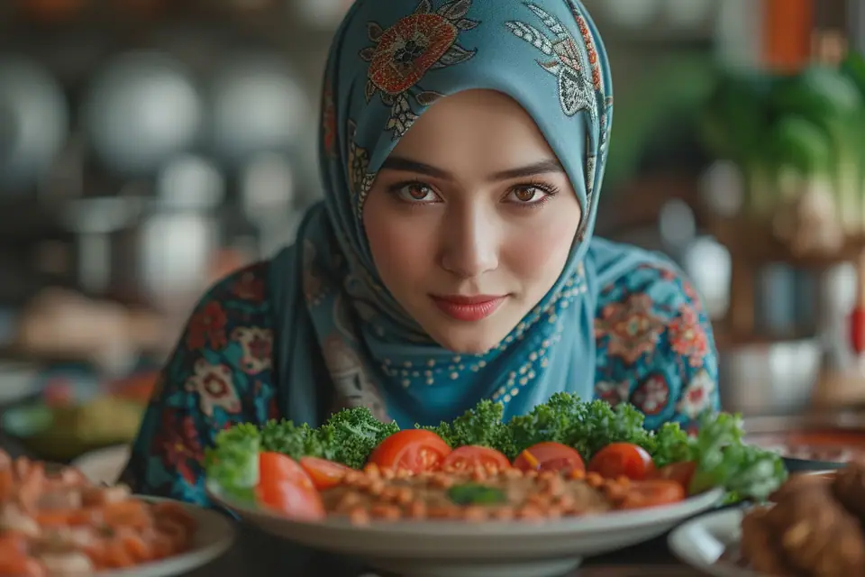 Repas familial composé de légumes, céréales et viande halal servie dans des plats séparés