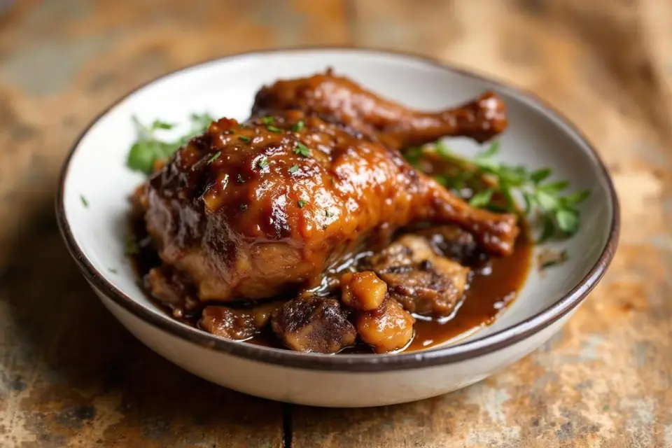 Cuisses de canard confites dorées dans un plat avec pommes de terre sautées