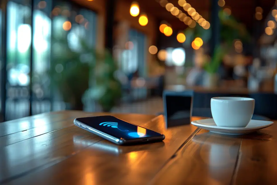 Écouteurs sans fil connectés à un smartphone posé près d’un ordinateur portable