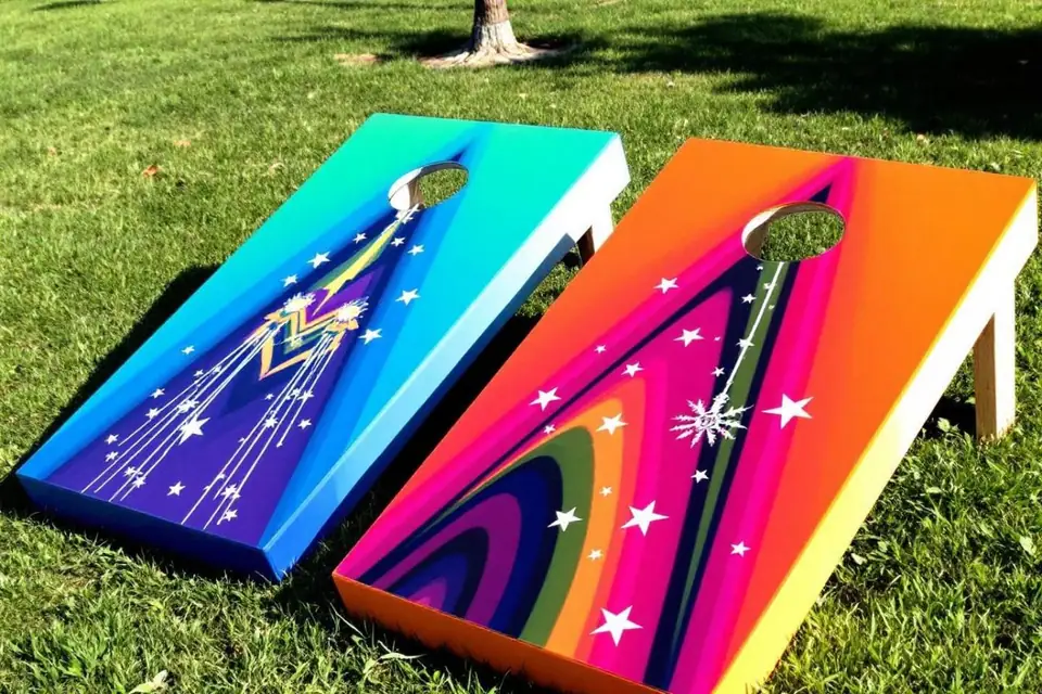 Deux planches de cornhole en bois installées sur une pelouse pour une fête familiale