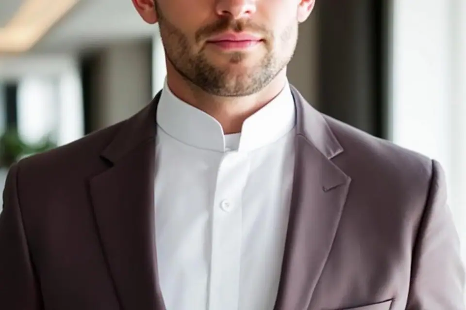 Témoin de mariage portant un costume bleu marine et une chemise blanche à col mao