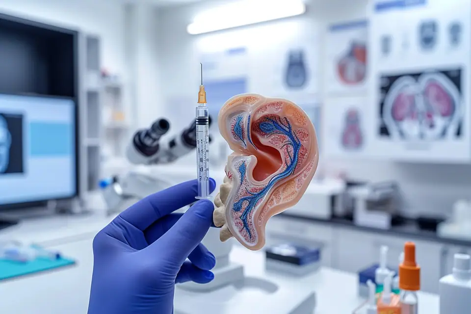 Personne inclinant la tête après une douche, main près d’une oreille dans une salle de bains