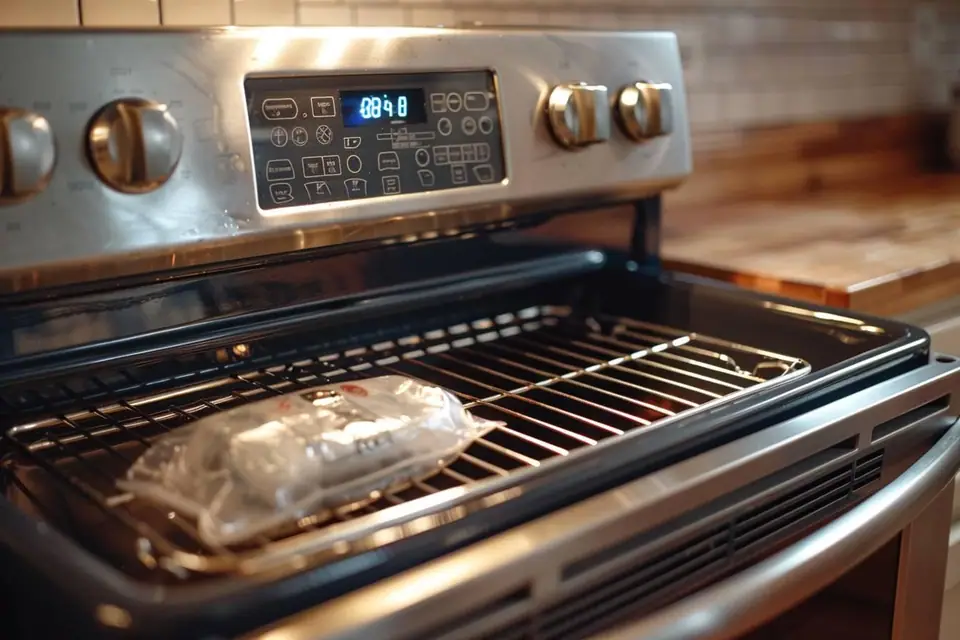Plat surgelé, thermomètre de cuisine et four domestique dans une cuisine lumineuse