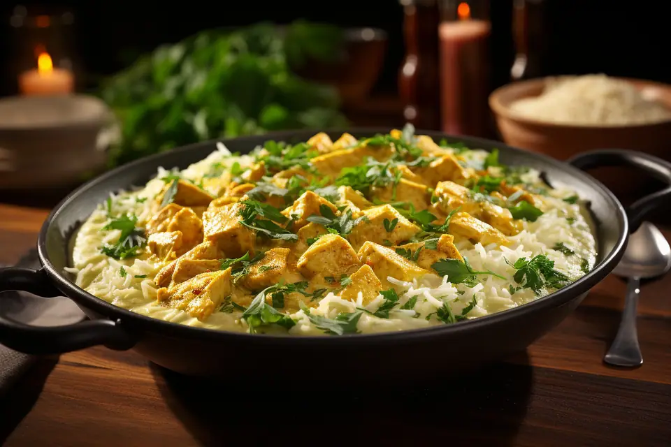 Curry de poulet crémeux dans une cocotte, servi avec du riz basmati et de la coriandre fraîche
