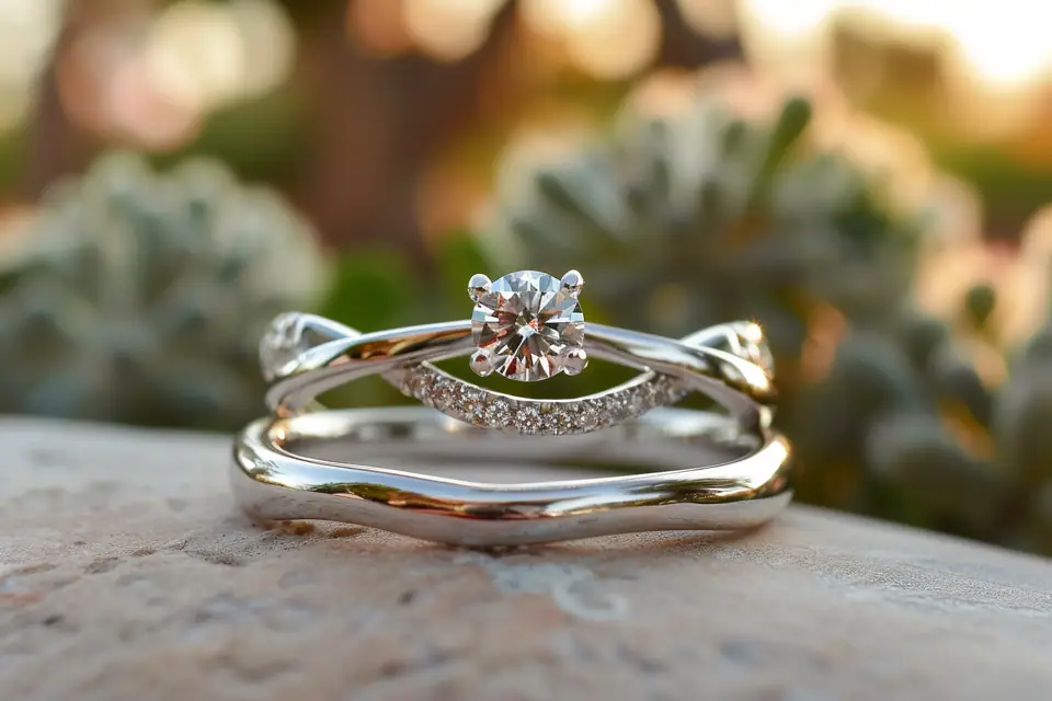Bague en or avec motif infini et petit diamant posée sur un écrin clair