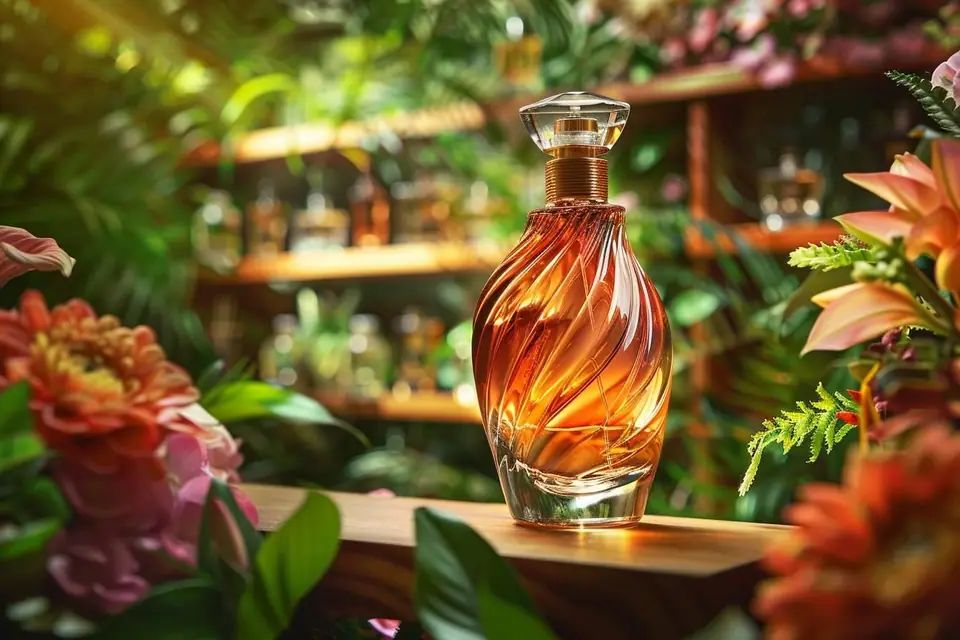 Flacons de parfum alignés sur une table avec colis d’expédition et ordinateur portable