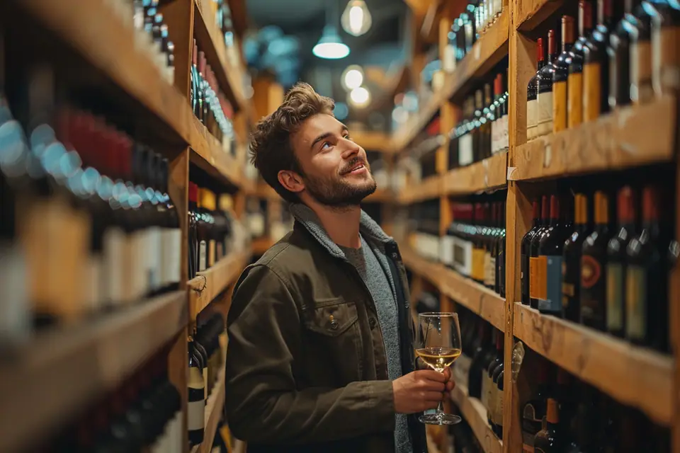 Bouteilles de vin alignées dans un rayon de grande surface avec étiquettes de prix visibles