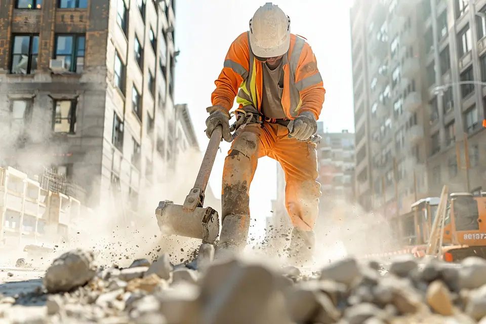 Ouvrier équipé de protections utilisant un marteau piqueur sur une dalle en béton