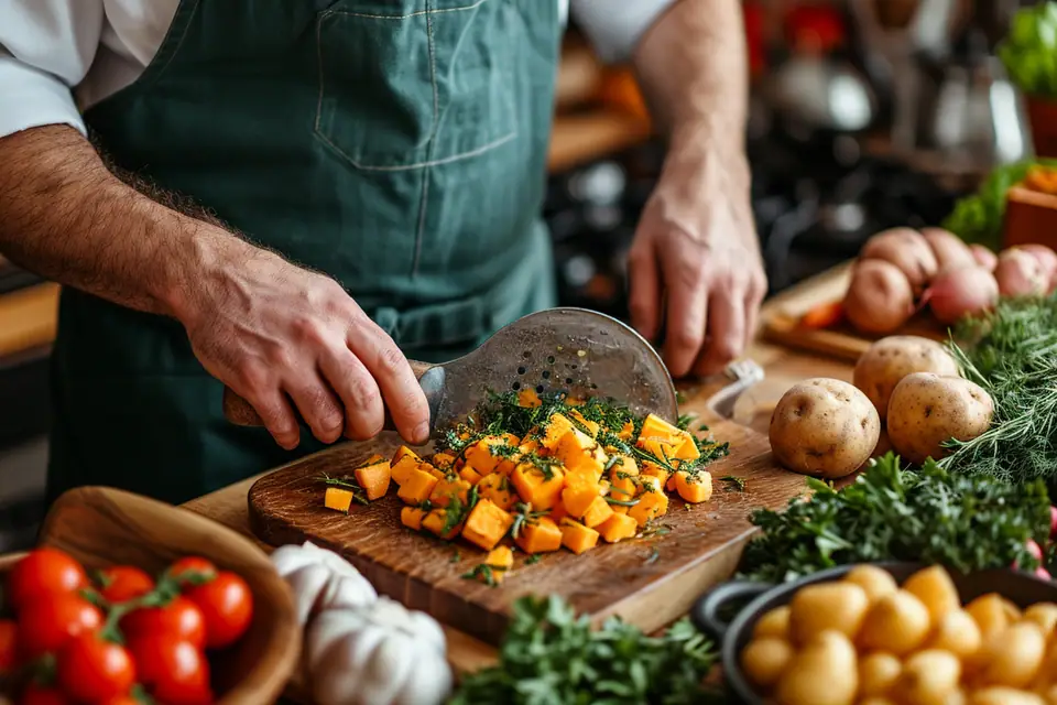 Plateau de légumes-racines rôtis avec herbes fraîches et sauce végétale dans une cuisine