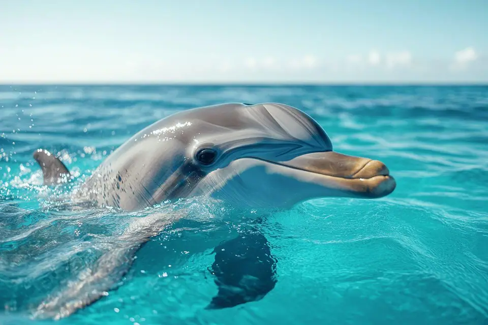 Groupe de dauphins nageant librement dans une eau bleue claire au large d’une côte volcanique