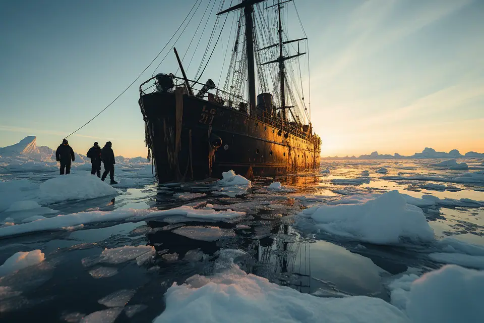 Navire d’expédition naviguant entre des icebergs sous une lumière polaire froide