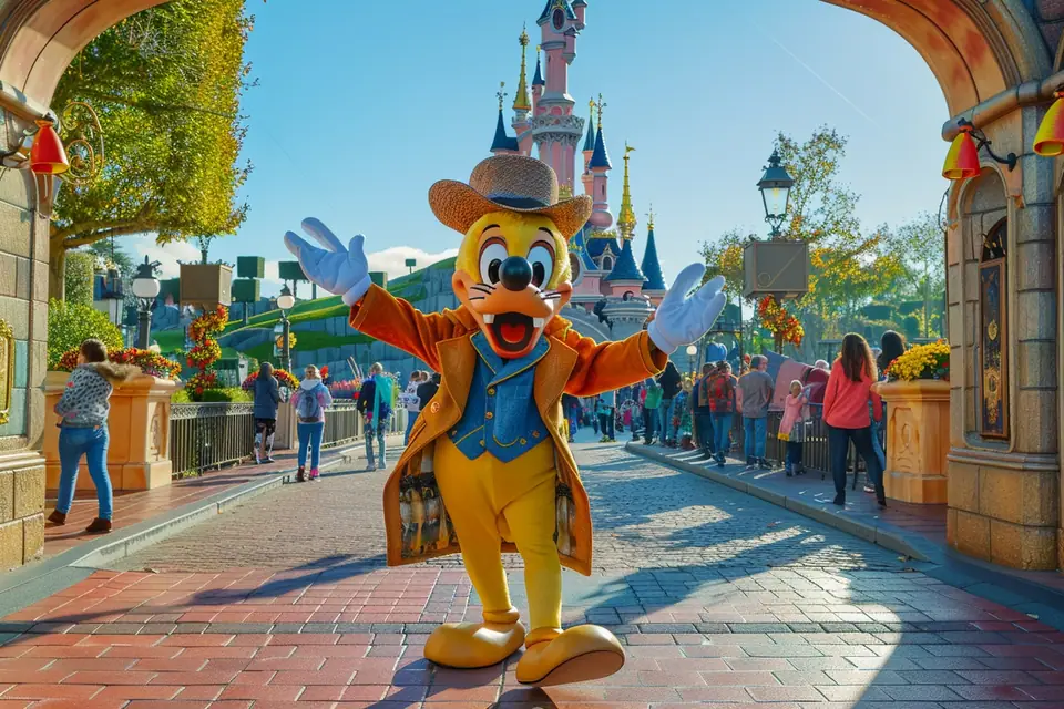 Entrée de Disneyland Paris avec visiteurs se dirigeant vers les contrôles de sécurité le matin