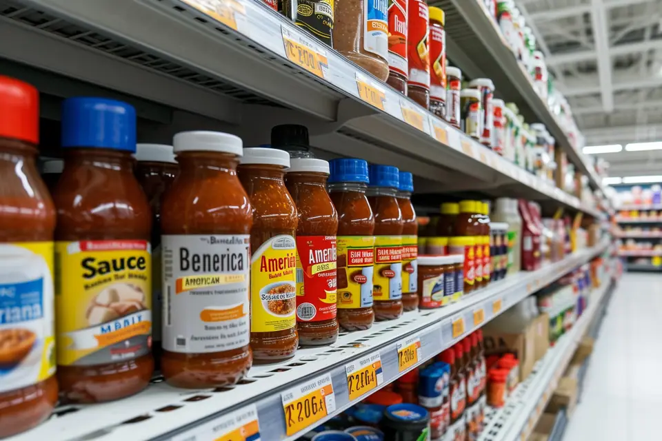Rayon de sauces froides partiellement vide dans un supermarché français