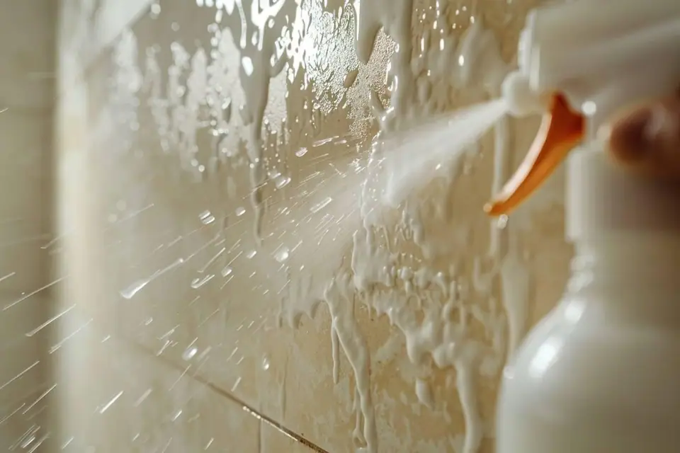Mur intérieur ancien présentant des traces blanches poudreuses près du sol et un chiffon de nettoyage