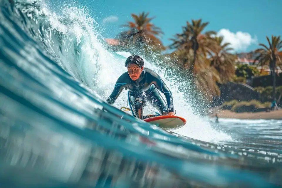 Surfeur accompagné sur une grande planche près d’une plage volcanique de Tenerife