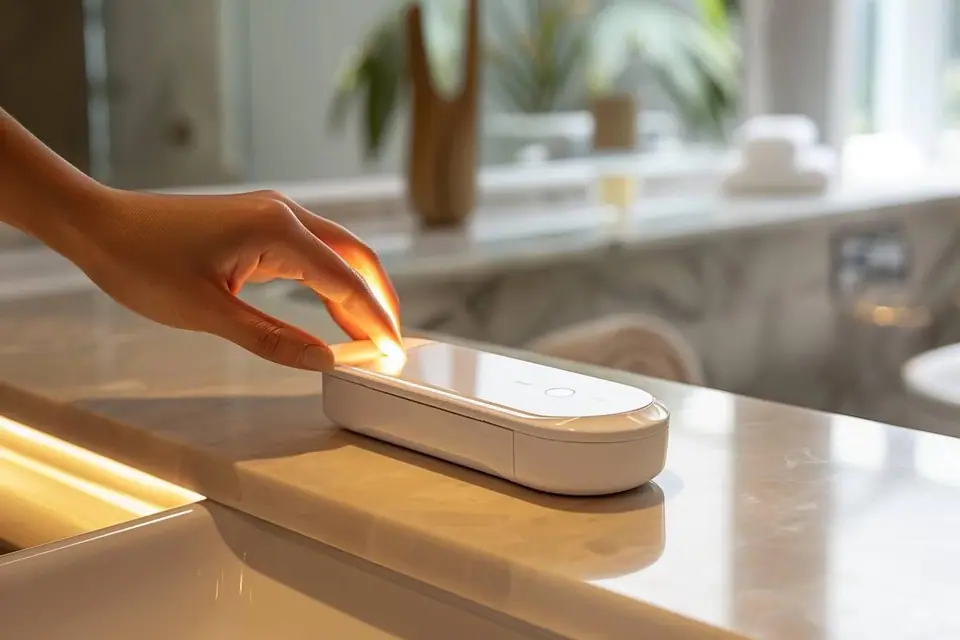 Femme utilisant un appareil de lumière pulsée sur sa jambe dans une salle de bains