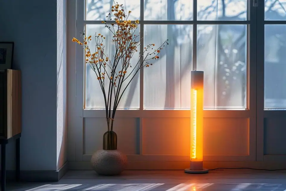 Tube radiant suspendu au plafond d’un atelier industriel avec zones de travail dégagées
