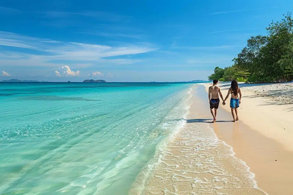 Couple assis dans une pirogue traditionnelle face aux falaises marines du sud de la Thaïlande