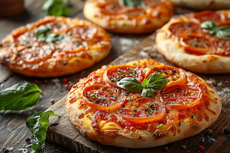 Douze mini pizzas garnies de mozzarella, légumes et jambon sur une plaque de cuisson