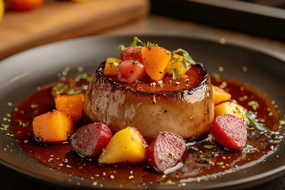 Tranches de foie gras poêlé servies sur pain grillé avec quartiers de figue fraîche