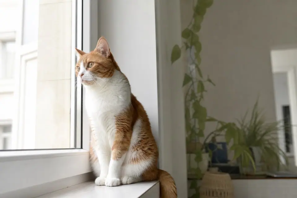 Chat domestique assis sur le rebord d’une fenêtre d’appartement, lumière naturelle douce
