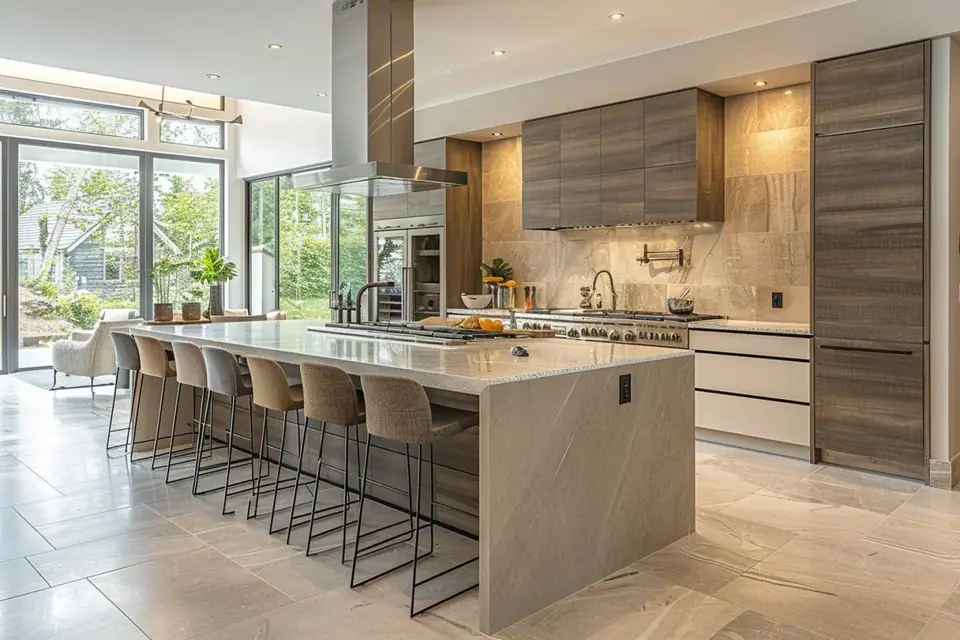 Cuisine contemporaine équipée avec grand îlot central, tabourets, plan de travail et rangements bas