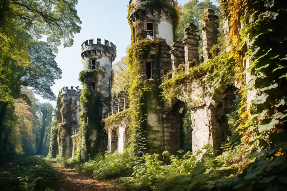 Façade envahie de végétation d’un château en ruine dans le Val de Loire