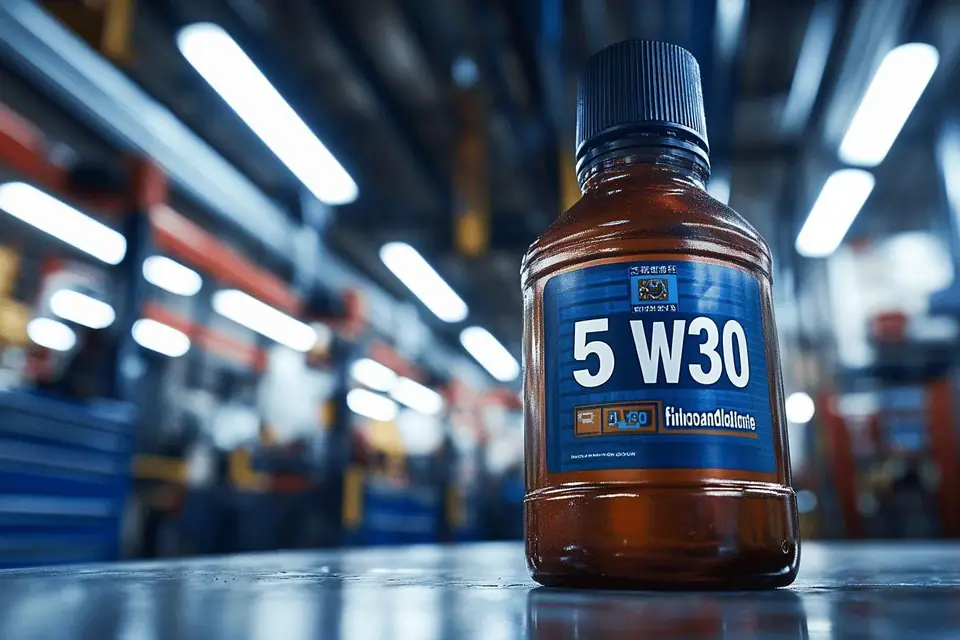 Bidon d’huile moteur 5W30 posé près d’un moteur automobile propre et ouvert