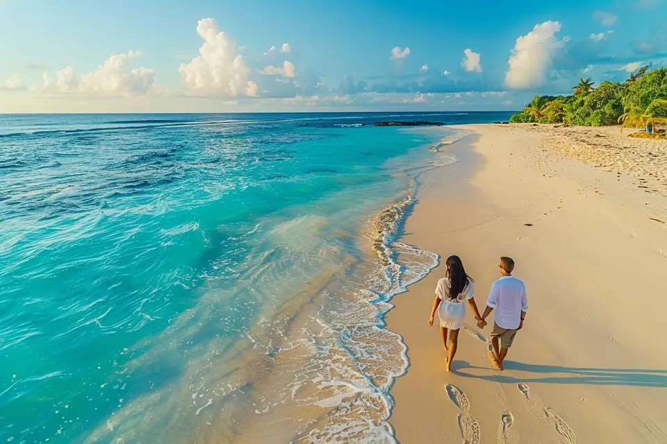 Couple assis au coucher du soleil sur une plage granitique des Seychelles