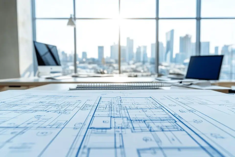 Plan d’architecture détaillé imprimé en grand format sur une table de travail