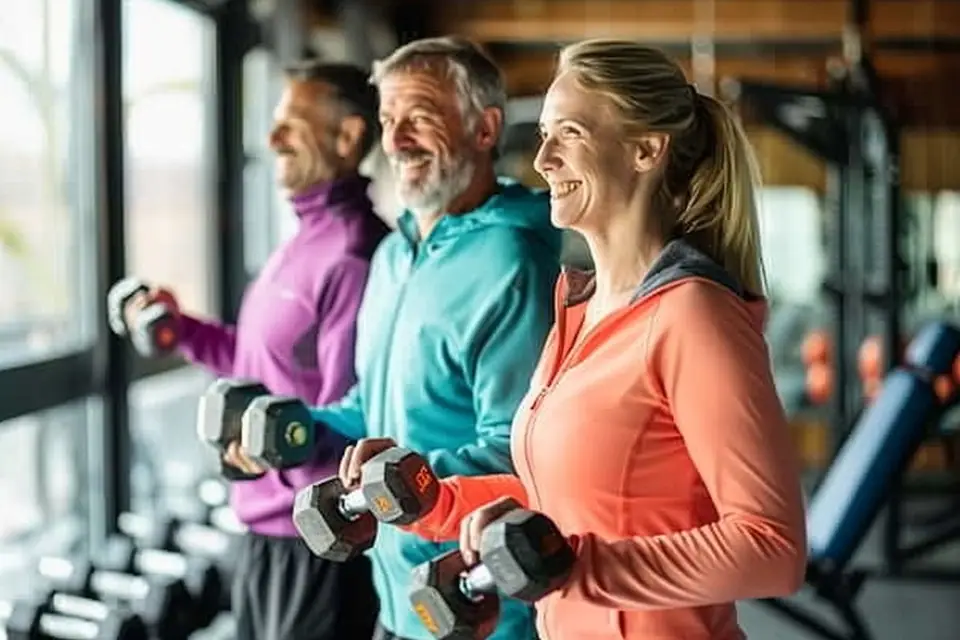Groupe de personnes âgées réalisant des exercices d’équilibre encadrés dans une salle lumineuse