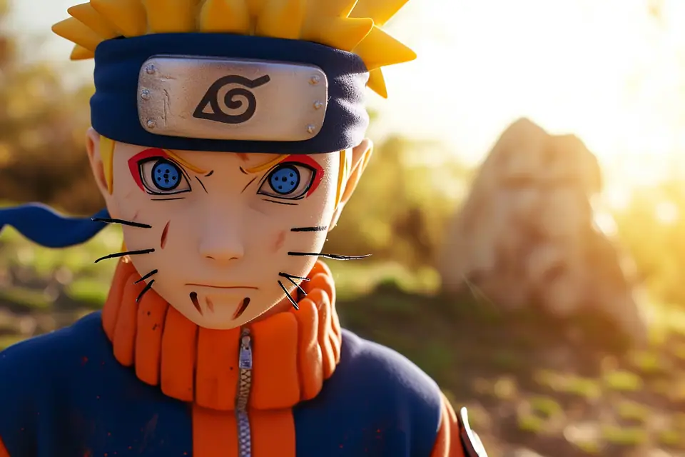 Naruto adulte portant son bandeau de Konoha devant les visages des Hokage sculptés