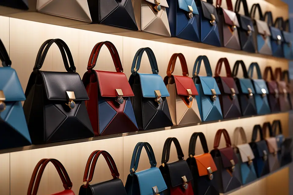 Sac noir structuré en cuir avec chaîne métallique posé sur une table claire