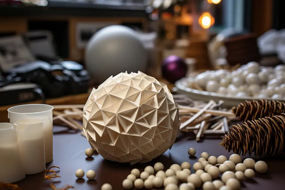 Mains posant du tissu coloré sur une boule de polystyrène blanche avec de la colle