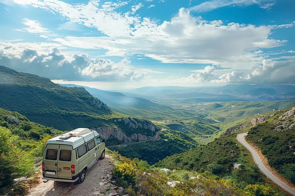 Camping-car stationné face à un paysage montagneux, portes ouvertes et route départementale au premier plan