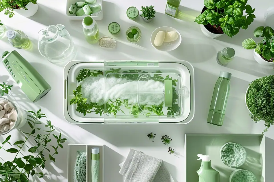 Balai vapeur blanc nettoyant un carrelage clair dans une cuisine lumineuse
