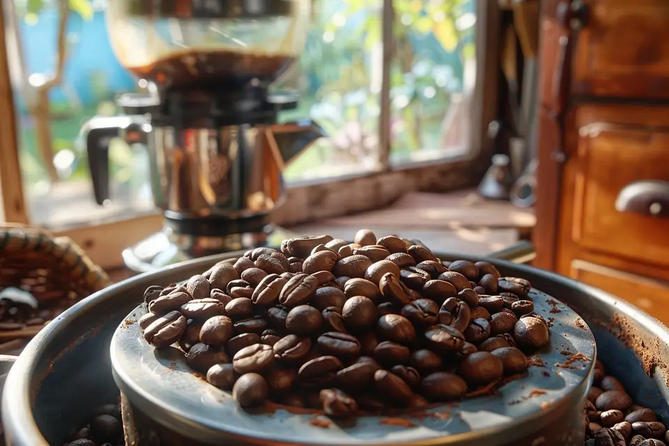 Grains de café fraîchement moulus près d’une machine expresso et d’une tasse blanche
