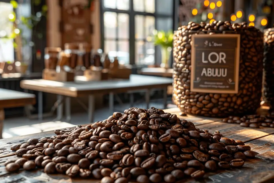 Paquet de café en grains près d’une machine expresso et d’une tasse servie