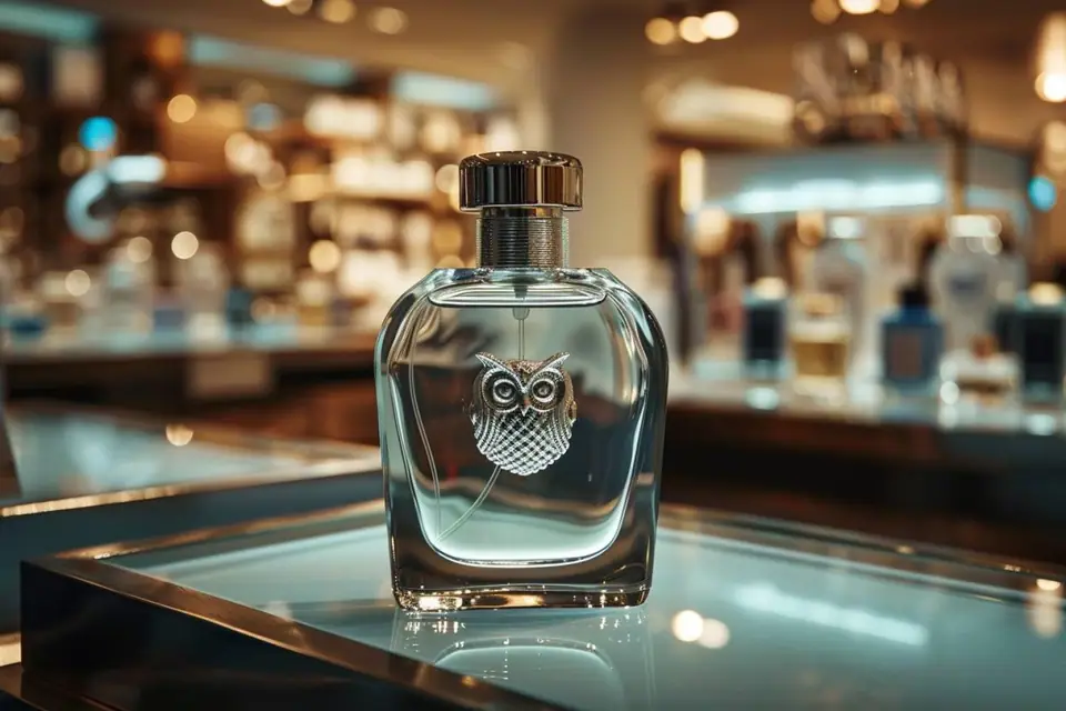 Flacon de parfum ambré posé près de mouillettes blanches sur une table claire