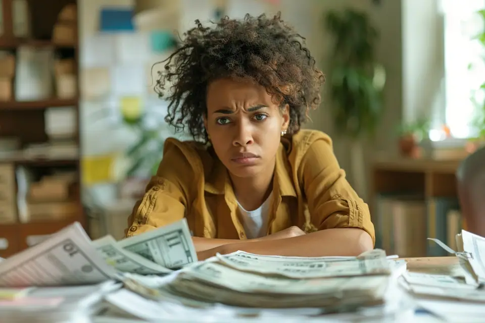 Personne examinant un relevé bancaire, une calculatrice et plusieurs échéanciers de crédit sur une table