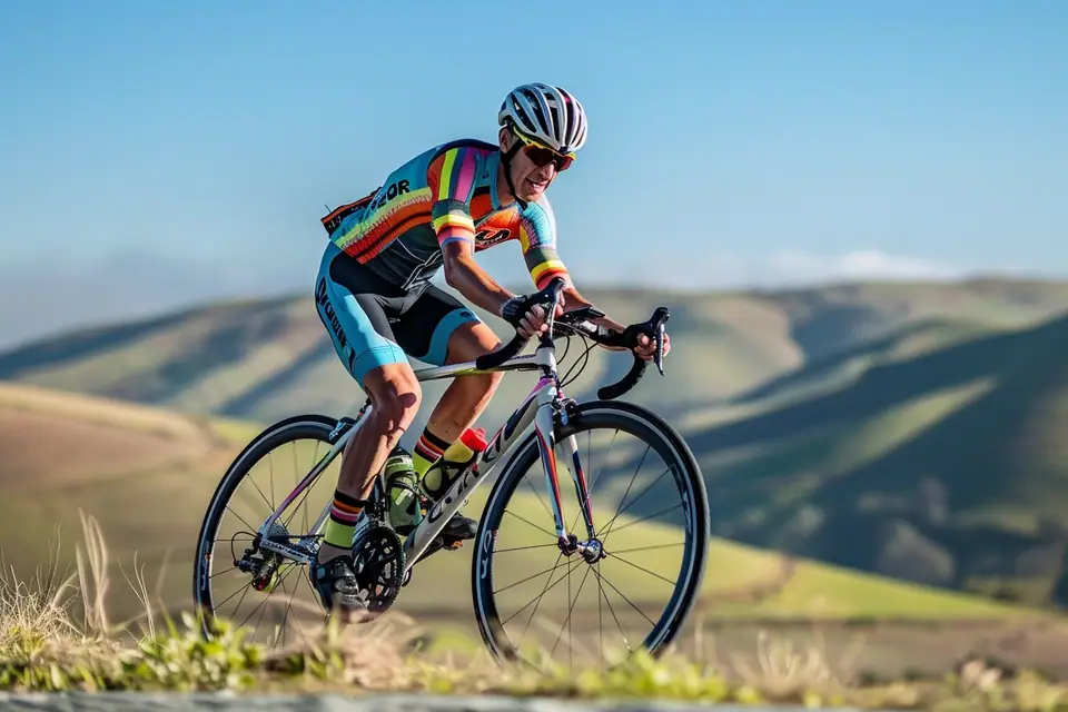 Cycliste adulte roulant sur une voie verte avec casque et vélo hybride