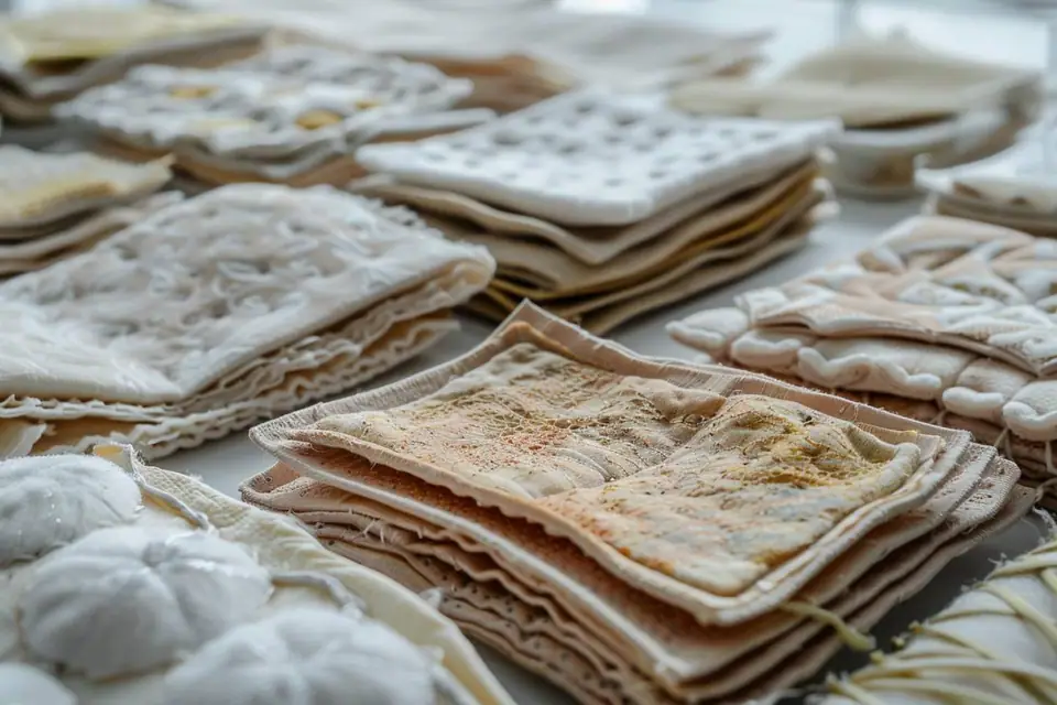 Serviettes menstruelles lavables en tissu pliées sur une table près d’un panier à linge