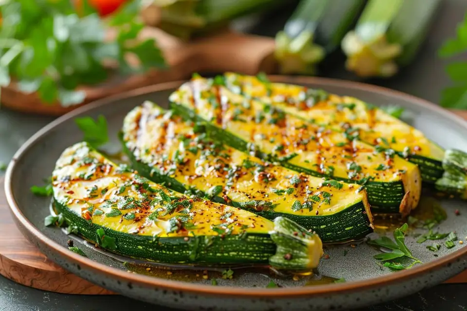 Rondelles de courgettes cuites dans une poêle avec herbes fraîches et filet d’huile