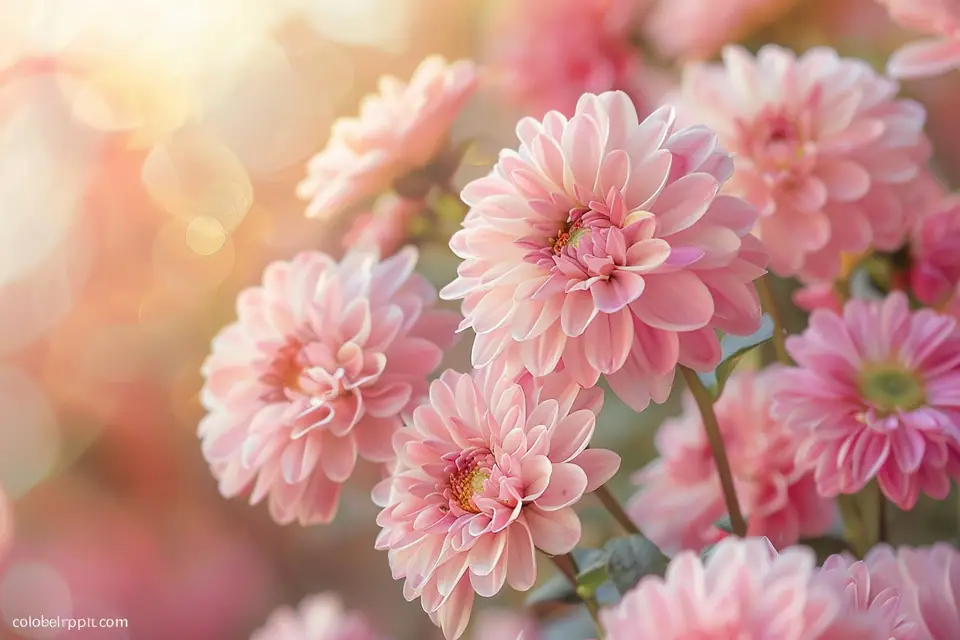 Massif de vivaces et rosiers aux fleurs roses pâles dans un jardin français ensoleillé